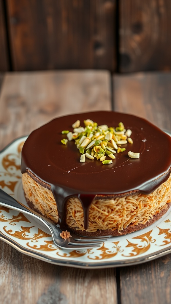 Knafeh-inspired chocolate cheesecake with kataifi base and Dubai Chocolate topping, garnished with pistachios.